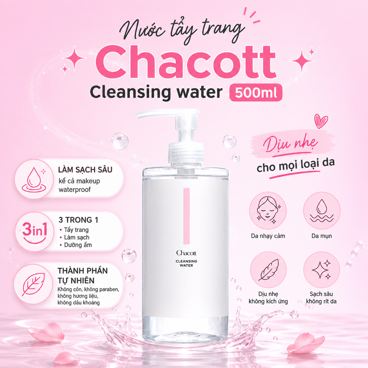 Nước tẩy trang Chacott Cleansing water 500ml - mẫu 2021