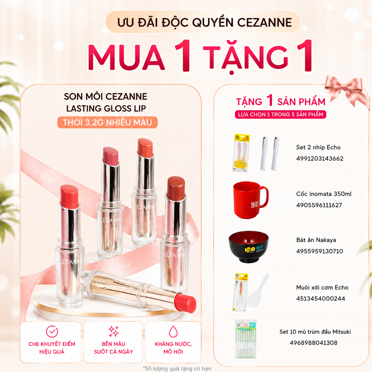Son môi Cezanna Lasting Gloss Lip bản tint lì thỏi 3.2g