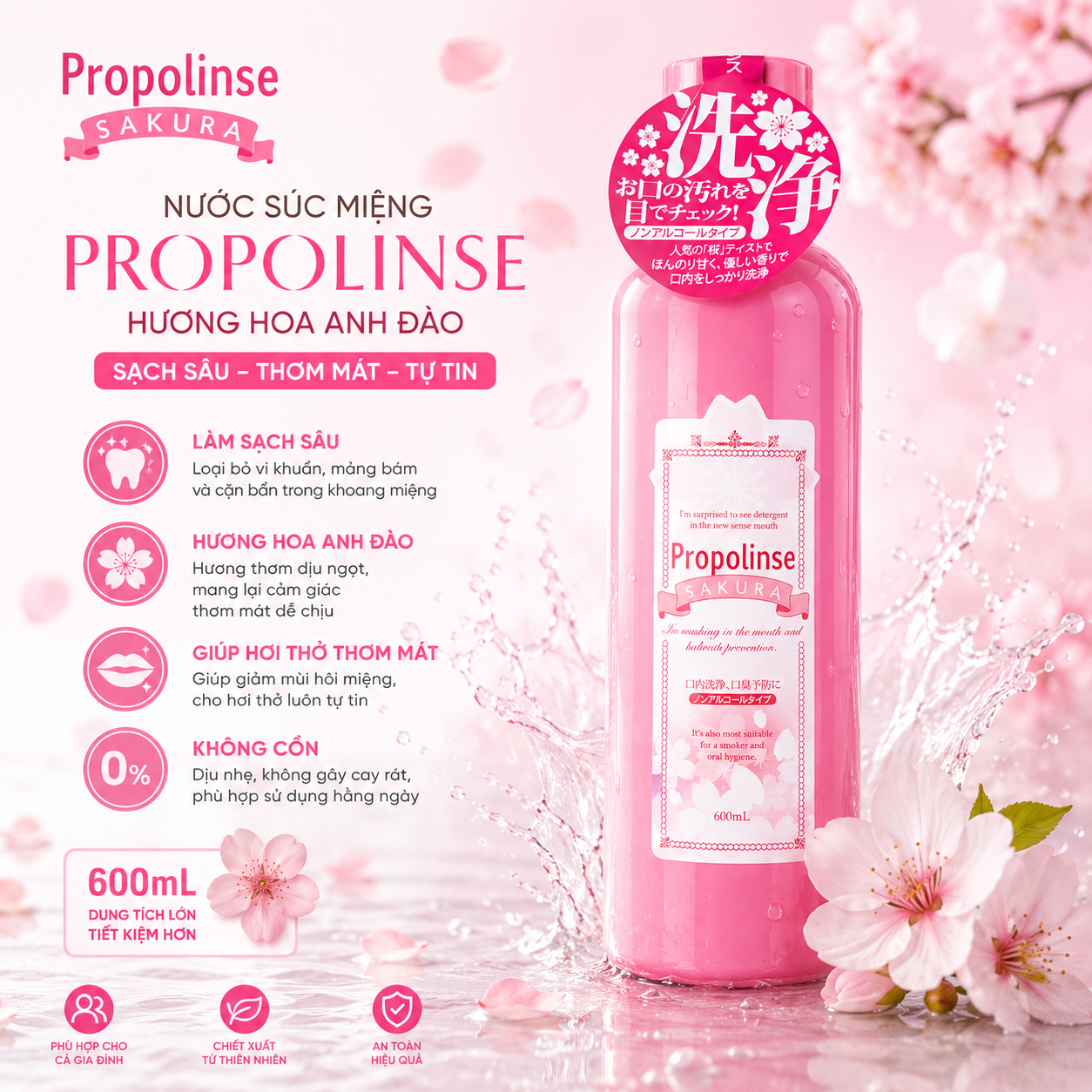 Nước súc miệng Propolinse 600ml - hương hoa anh đào