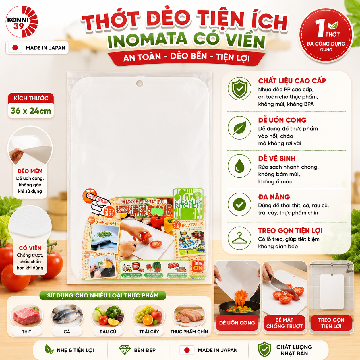 Thớt dẻo có viền INOMATA (trắng)-Chuỗi siêu thị Nhật Bản - MADE IN JAPAN Konni39 tại Việt Nam