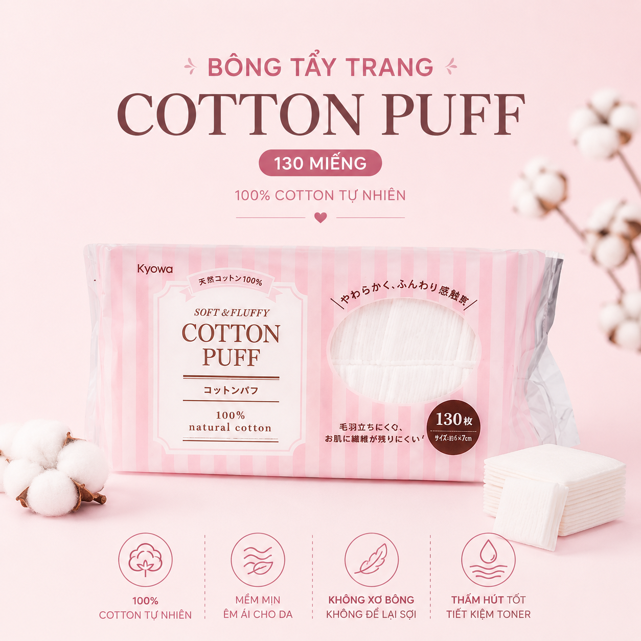 Bông tẩy trang Cotton Puff 130 miếng -p20-Hàng Nhật đồng giá Konni39
