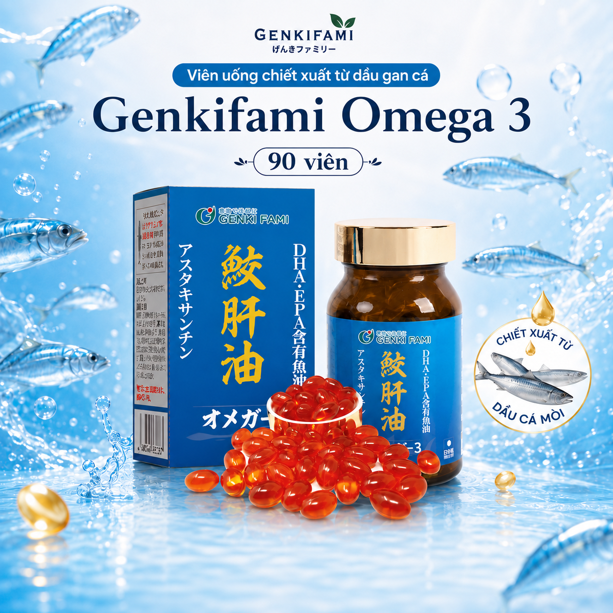 Viên uống Omega 3 Genkifami chiết xuất dầu ganh cá hộp 90 viên