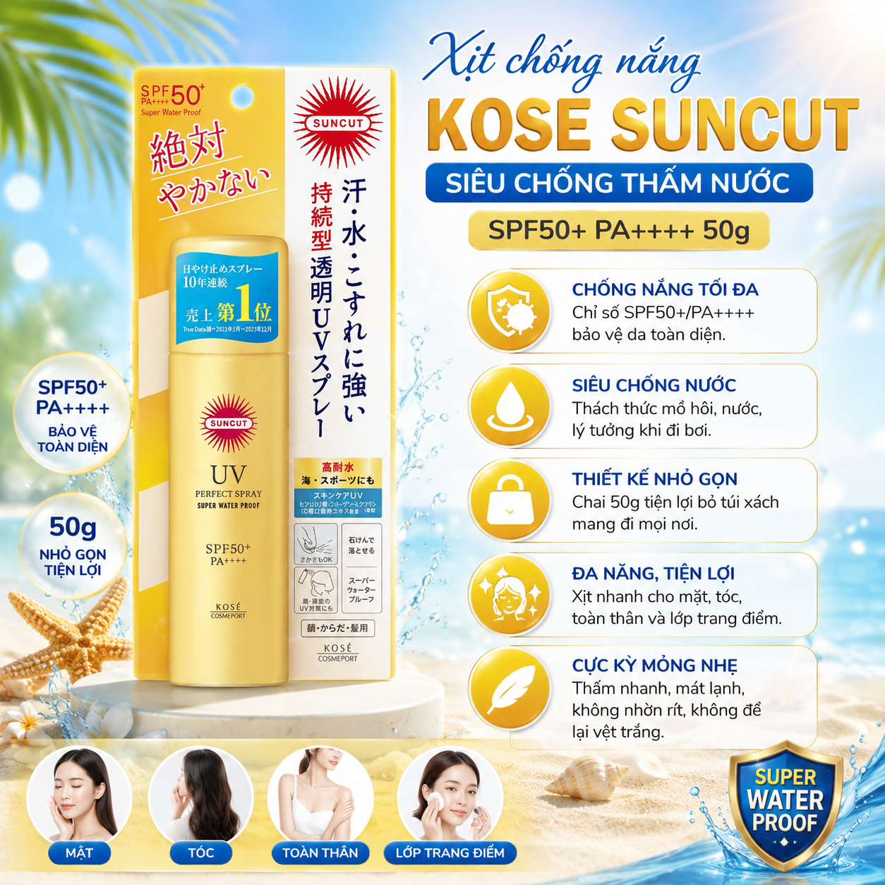Xịt chống nắng Kose Suncut Super Waterproof Super Perfect UV SPF50+PA++++ 50g (2 loại)