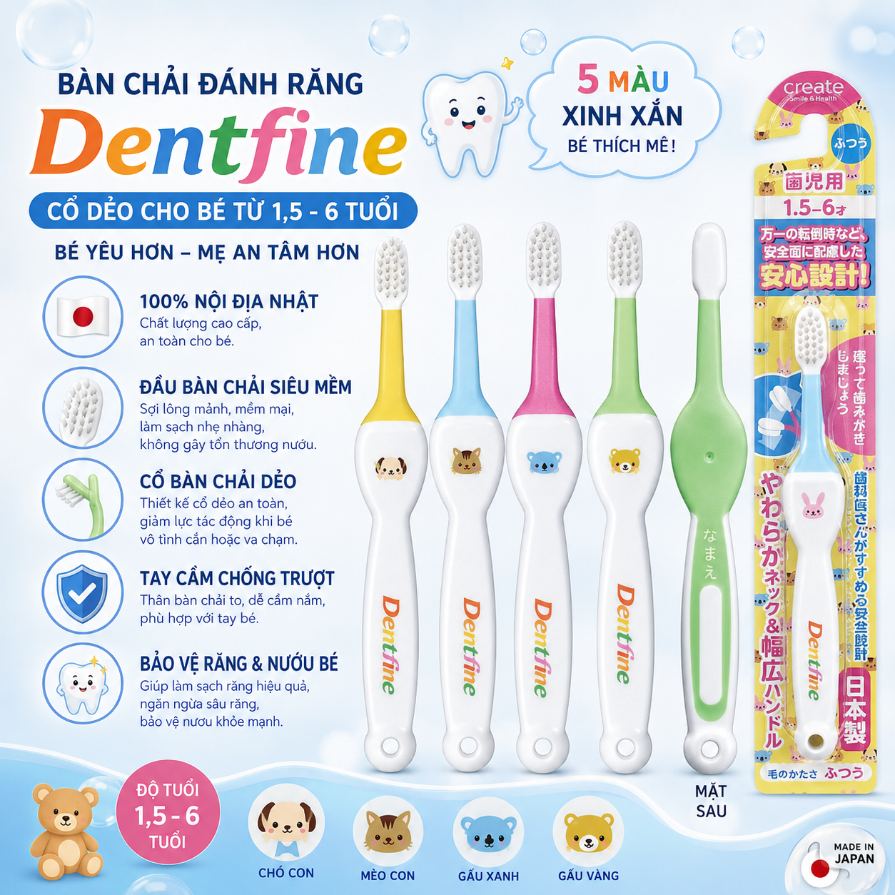 Bàn chải đánh răng cho bé Create Dentfine từ 1.5- 6 tuổi